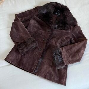 Y2K brown suede penny lane jacket Utex Design genuine leather fur trim xs
